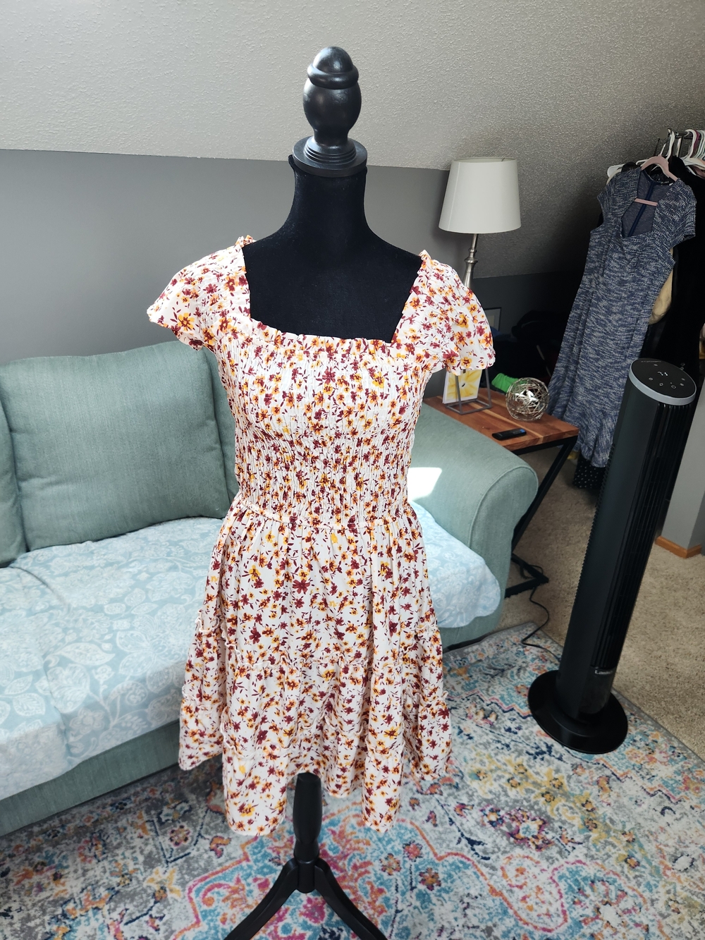New Glory Smocked Floral Square-Neck Dress in White Mustard Orange Medium